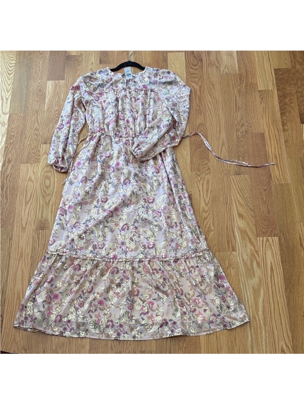NWT LOFT floral metallic gold maxi dress long sleeve boho cottage core small